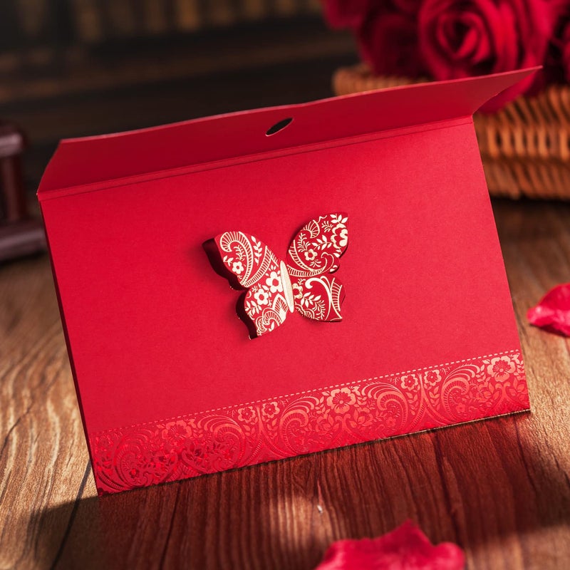 Hosmsua 50pcs Red Laser Cut Lace Flora Invitations Cards with Gold Butterfly and Envelopes for Bridal Shower Wedding QuinceaÃ±era Invitation - Image 3